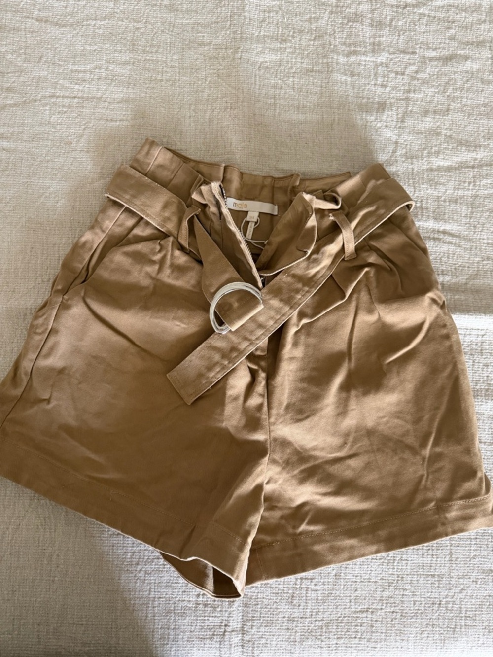 Maje Tan High-Waist Belted Paperbag Shorts